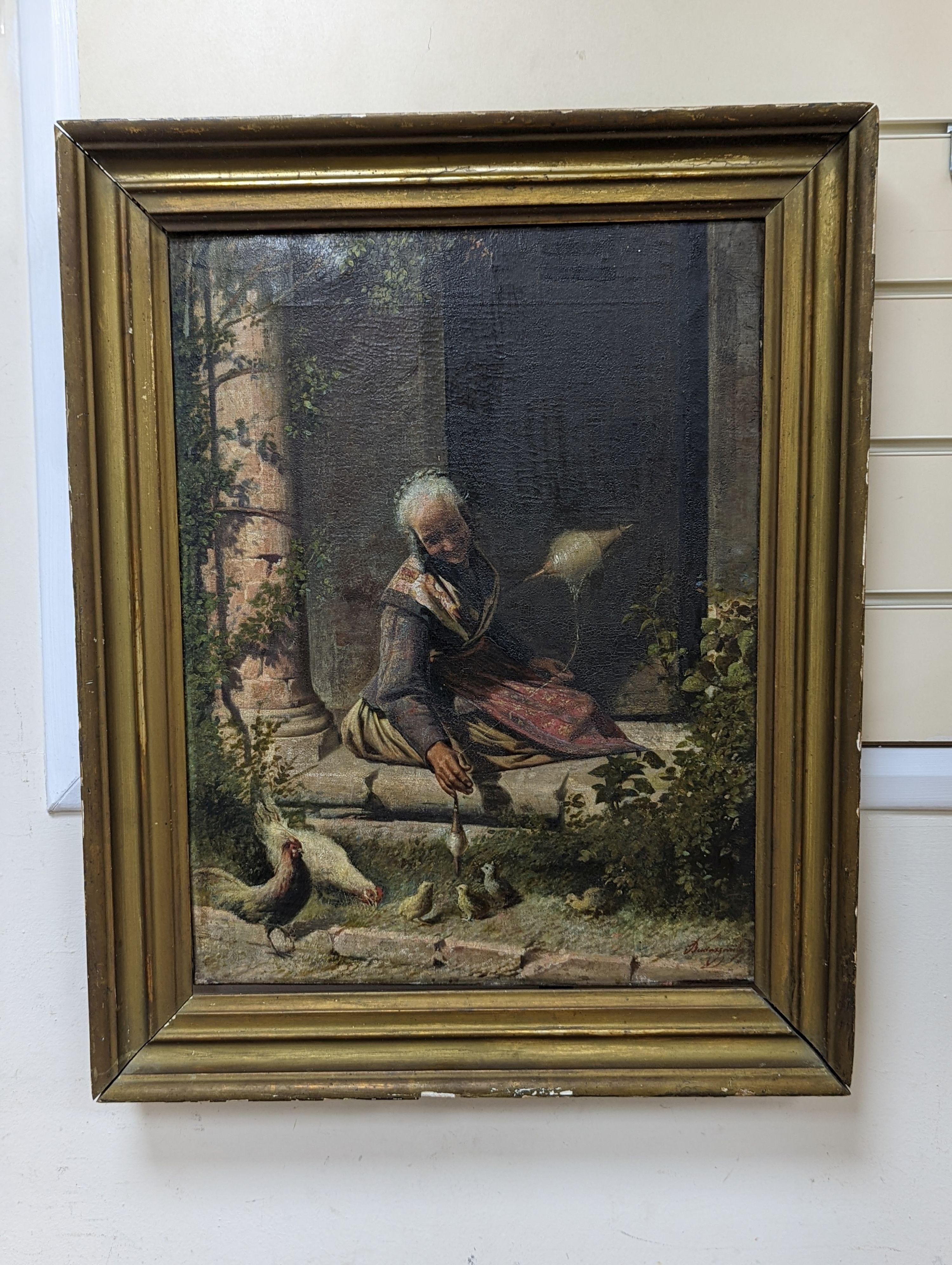 Italian School, oil on canvas, Woman spinning yarn beside chickens, signed, 49 x 37cm